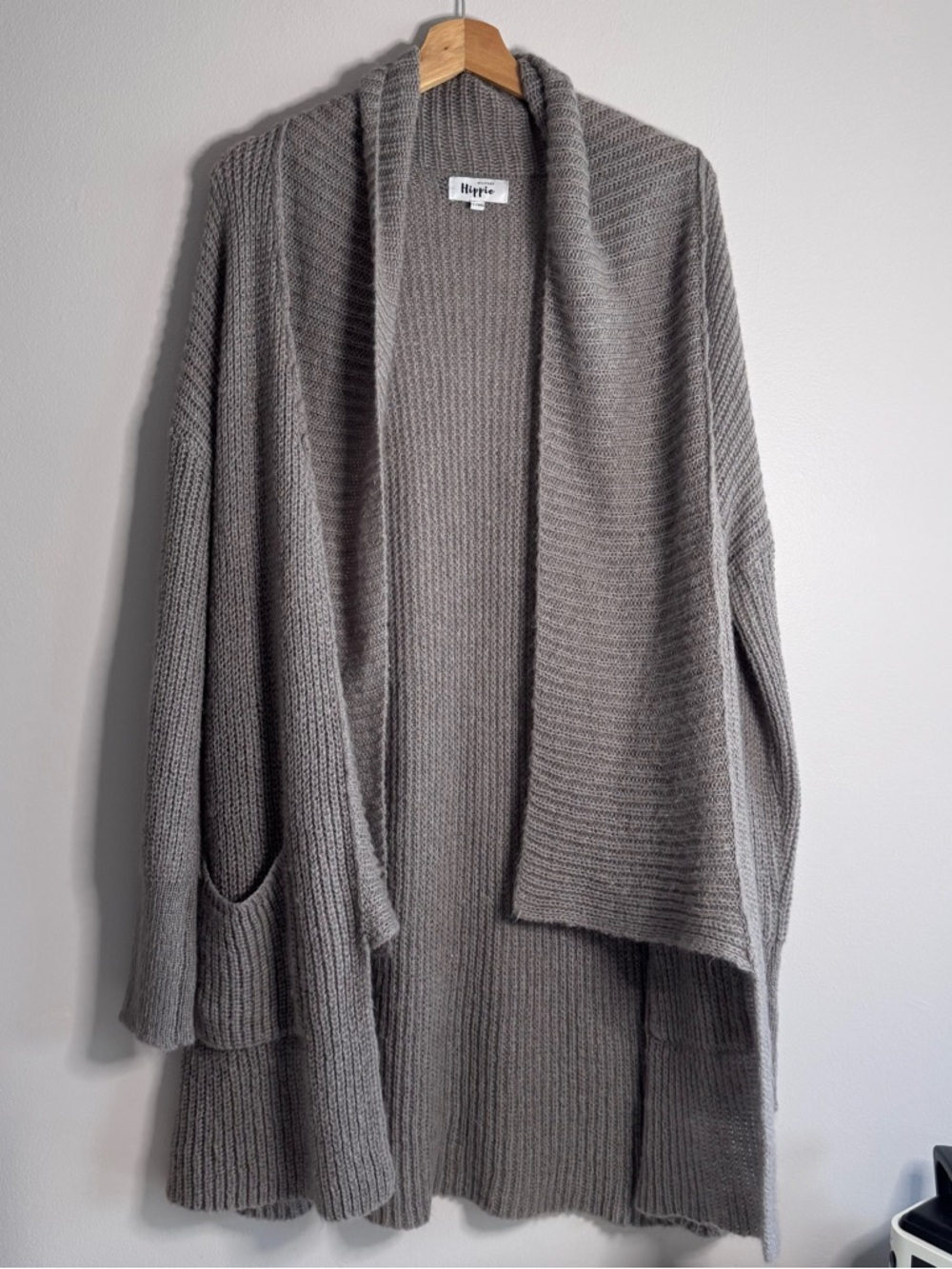 Military Hippie Grey Chunky Knit Cardigan Sweater Wool Mohair Blend Open Front